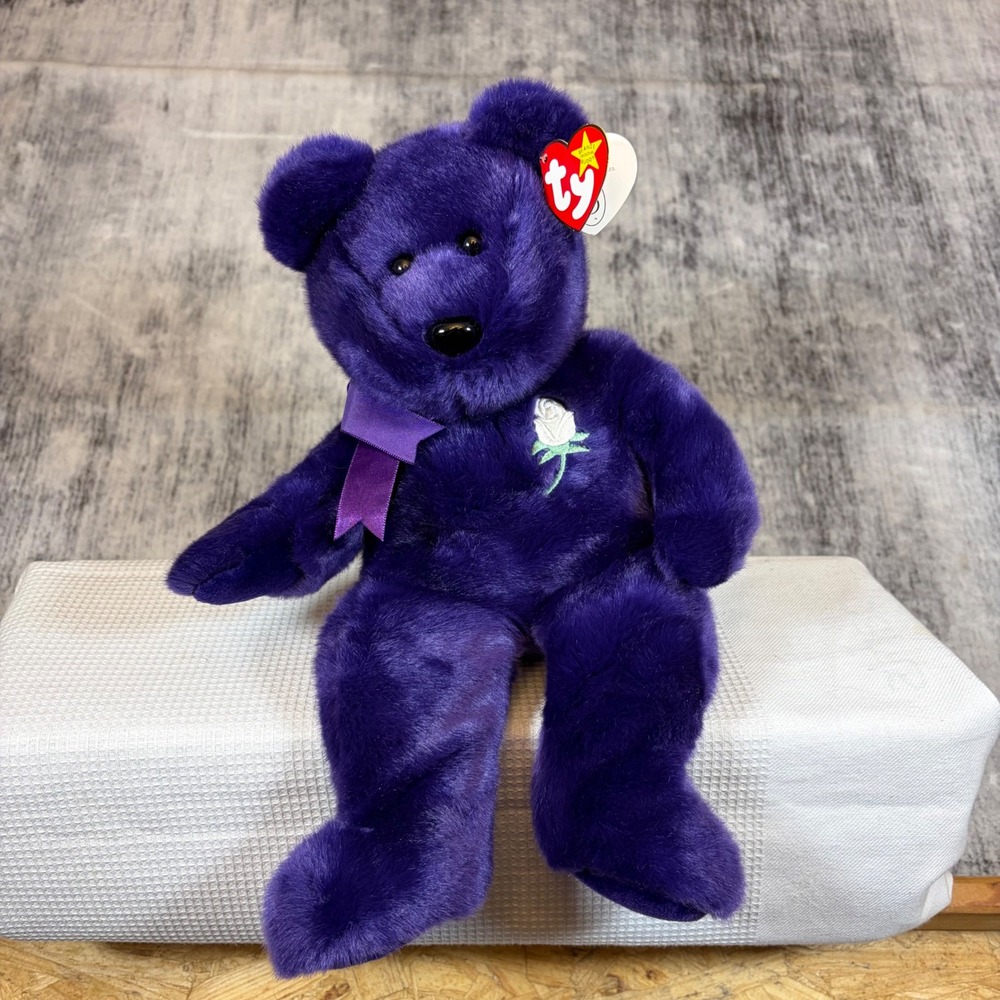 Ty Beanie Buddy Princess Diana Bear Purple White Rose 1998 Tribute Plush 14 inch